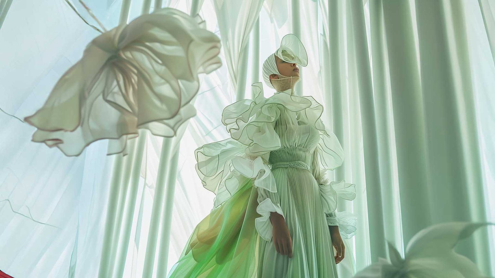 A model stands in a flowing, ruffled green and white outfit with a matching headpiece, enveloped by sheer fabric and large flower-like shapes, all set against a background of soft, vertical light beams, creating an ethereal scene perfect for content marketing.