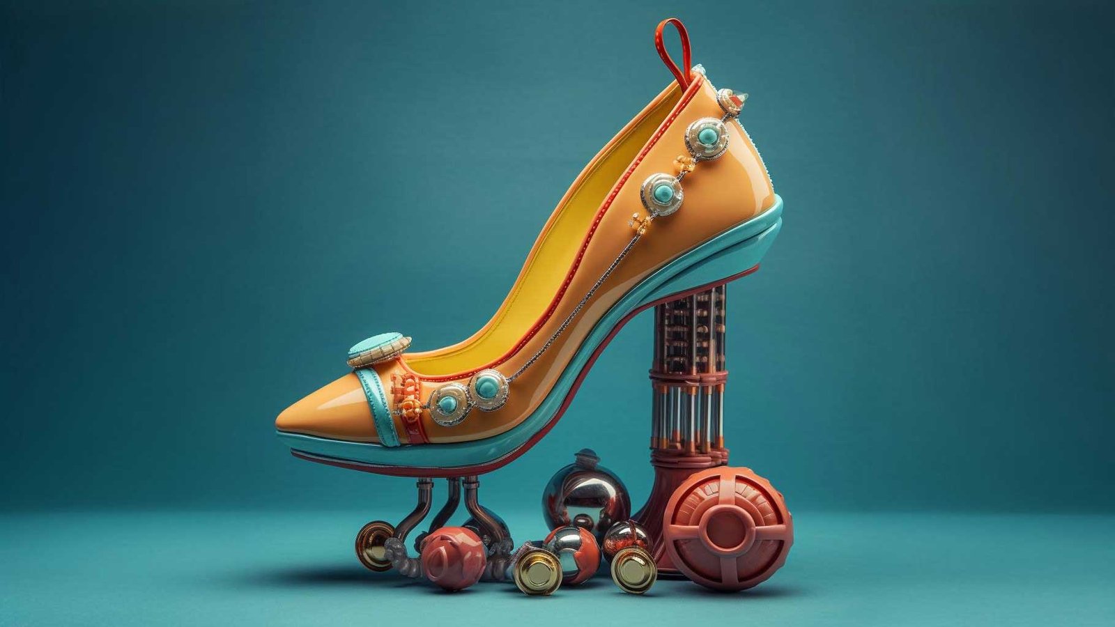 A whimsical high-heeled shoe with vibrant orange and teal colors, embellished with decorative buttons.