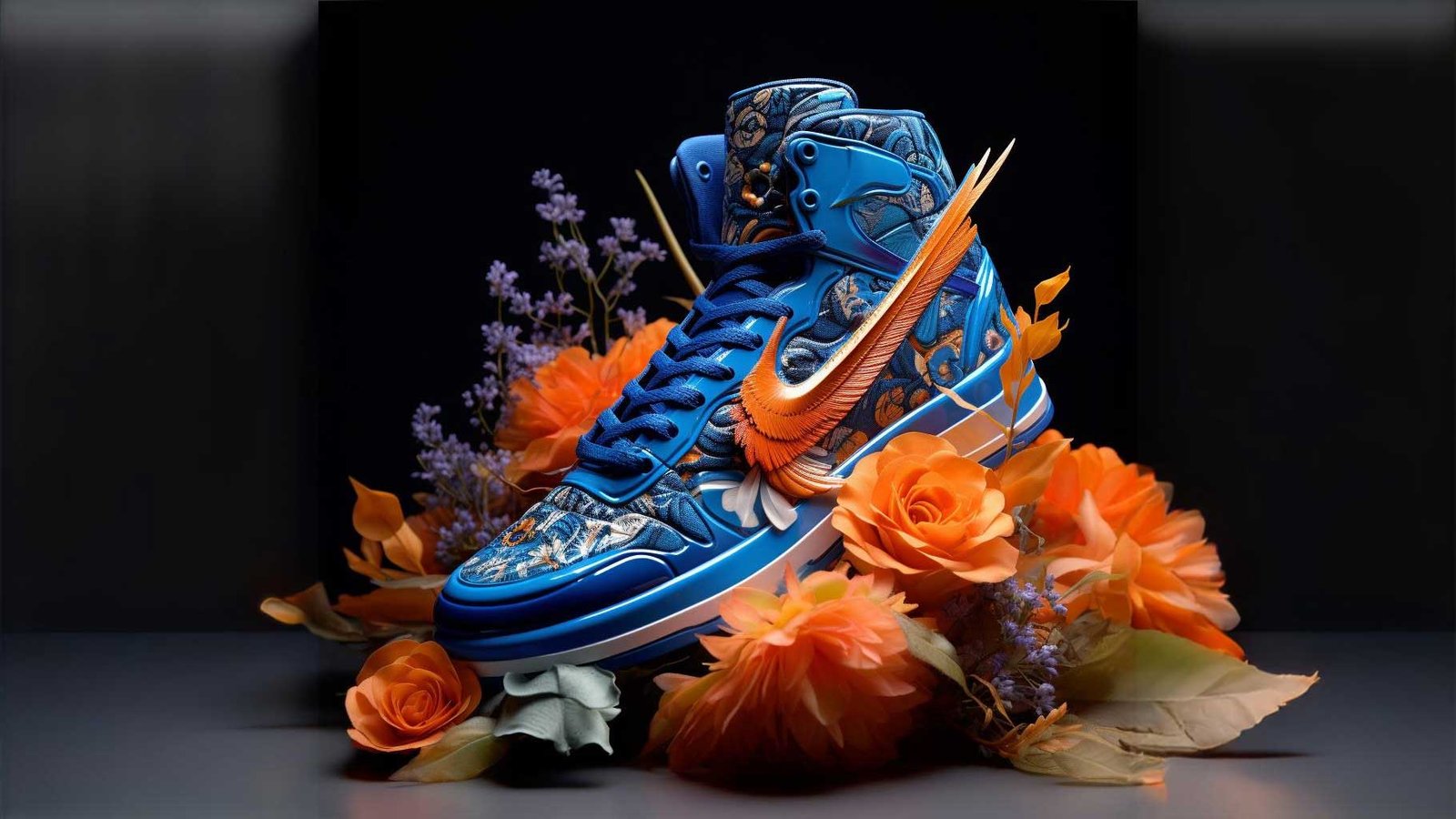 A vibrant blue high-top sneaker with intricate floral and fish designs is placed on an arrangement of vivid orange flowers and lavender sprigs against a dark background. The sneaker, perfect for social media content, features a prominent orange swoosh logo.