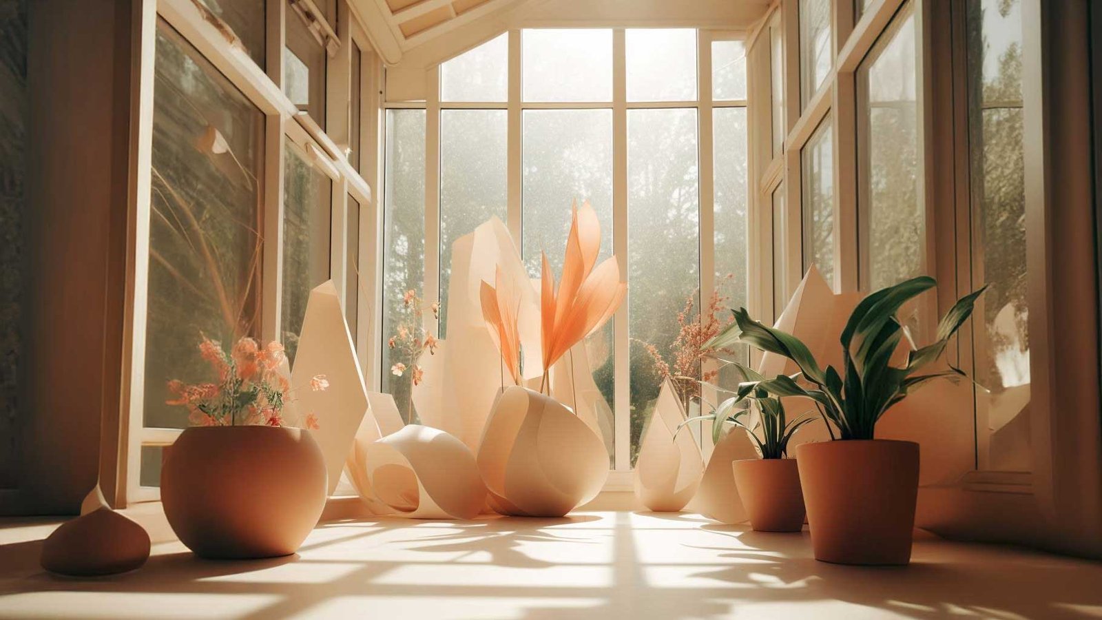 A sunlit room with large, floor-to-ceiling windows doubles as a digital marketing studio, showcasing various potted plants arranged on the floor. Bathed in warm, natural light, modern abstract decorative elements interspersed among the plants create a serene and airy ambiance.