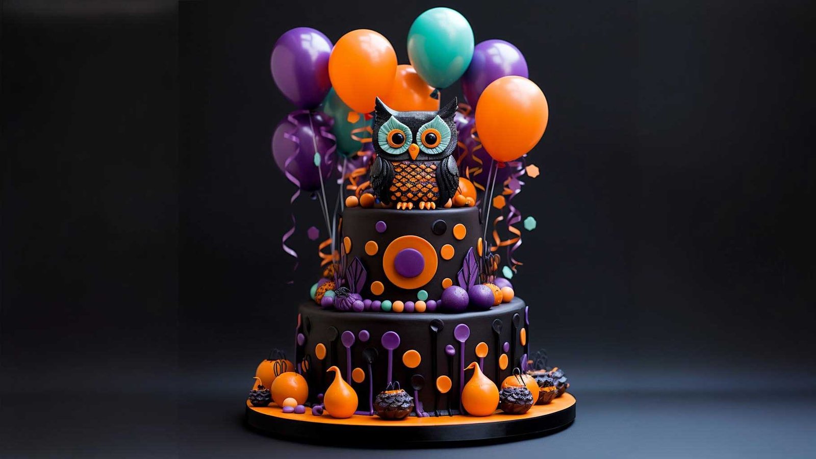 A two-tiered cake designed for Halloween, featuring a black and orange color scheme. The cake is decorated with colorful balloons, an owl figure on top, and various Halloween-themed decorations. The background is black, enhancing the vibrant colors of the cake.