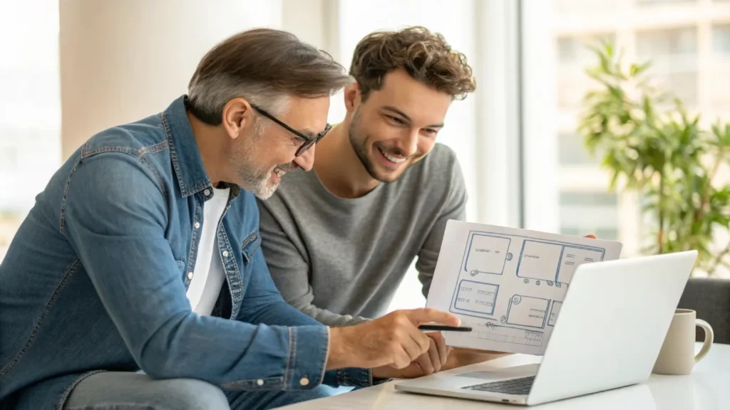 Small business owner and web designer reviewing a website layout on a laptop