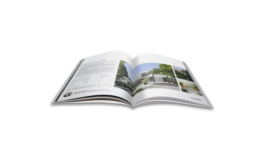 Center spread featuring photos and listing details