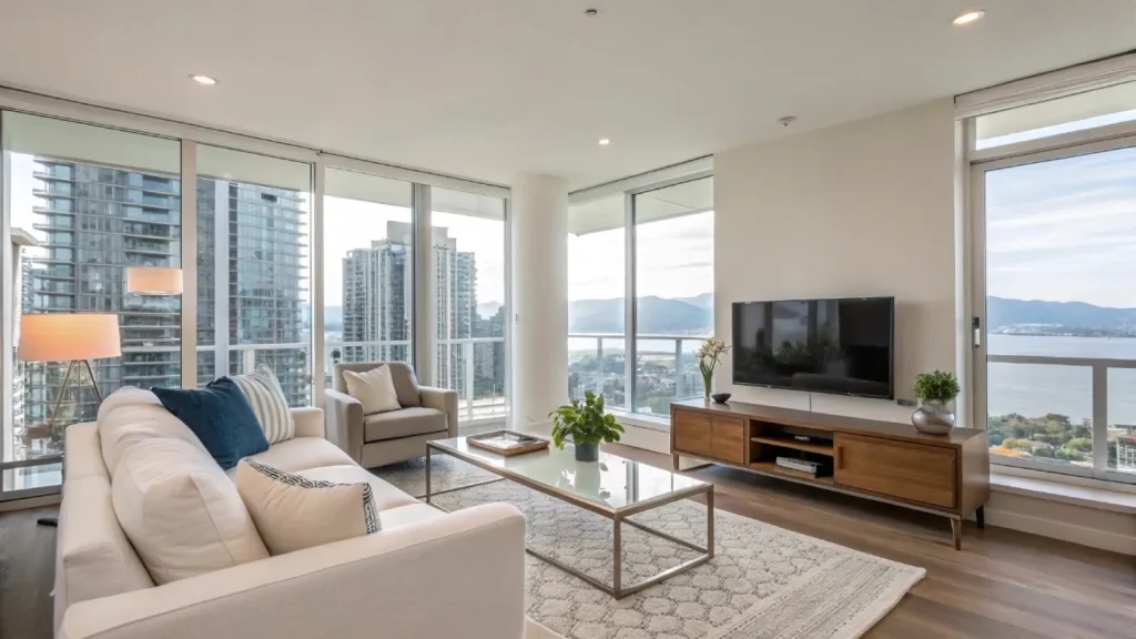 Modern bright Vancouver condo living room with mountain and water views