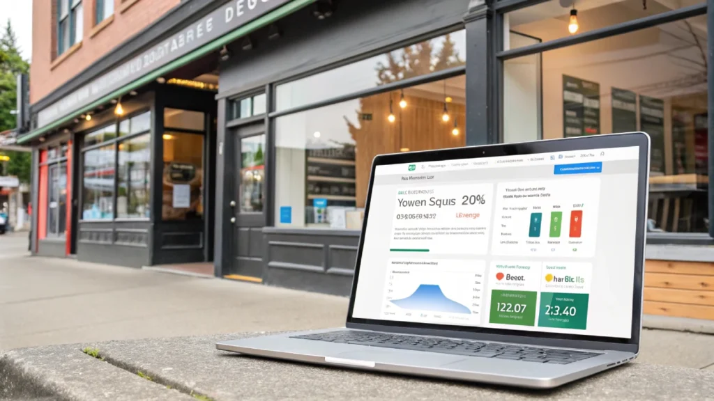 Laptop showing website speed optimization dashboard in front of Vancouver shop