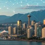 Vancouver skyline at dusk with glowing digital network lines symbolising AI-powered search connections over the city and mountains