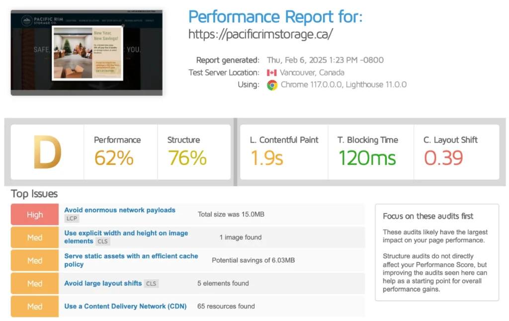 GTmetrix performance report showing a low score for Pacific Rim Storage before technical SEO improvements, with high LCP and layout shift.