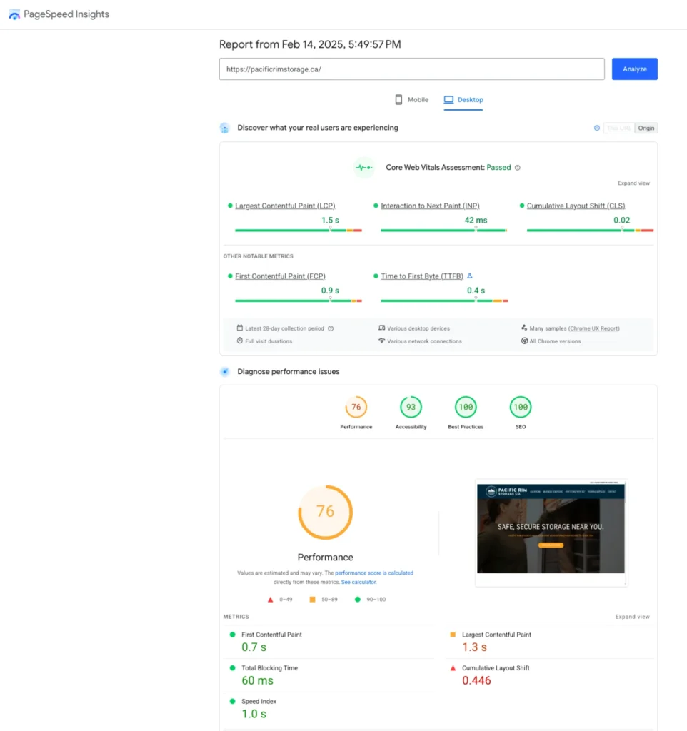 Google PageSpeed Insights report showing improved desktop performance for Pacific Rim Storage after technical SEO improvements.