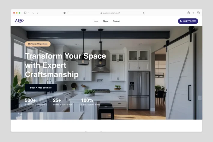 Homepage design of ASA Renovation website built by Long Square Studio