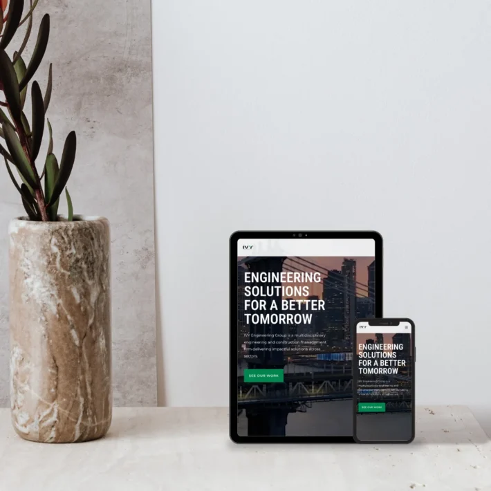 Responsive mockup of IVY Engineering website displayed on tablet and smartphone