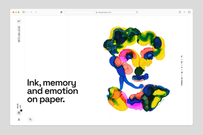 Moojan Azar website homepage with abstract ink artwork