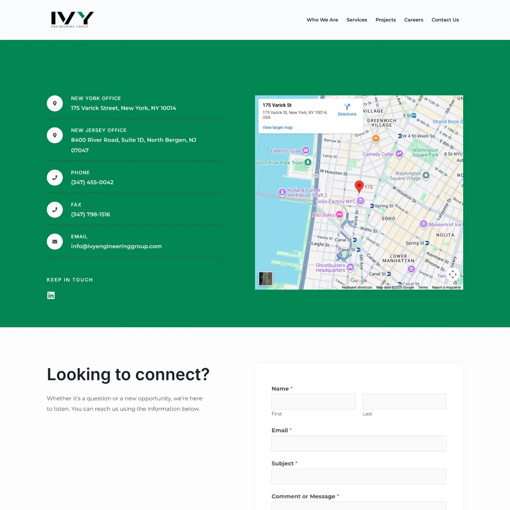 Screenshot of the IVY Engineering Group contact page showing office addresses, contact details, a location map, and a contact form.Screenshot of the IVY Engineering Group contact page showing office addresses, contact details, a location map, and a contact form.