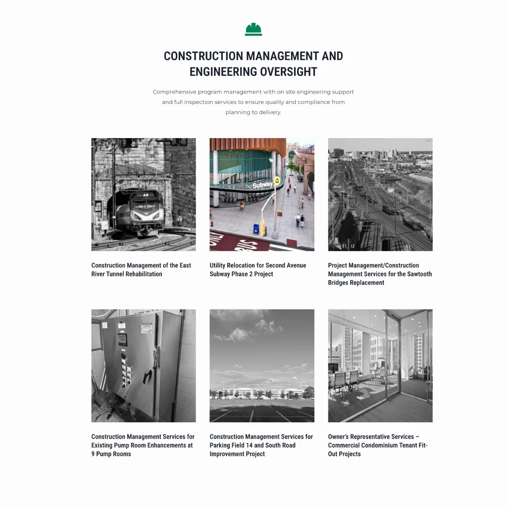Screenshot of IVY Engineering Group’s project category section showing construction management and oversight projects displayed in a six tile grid.