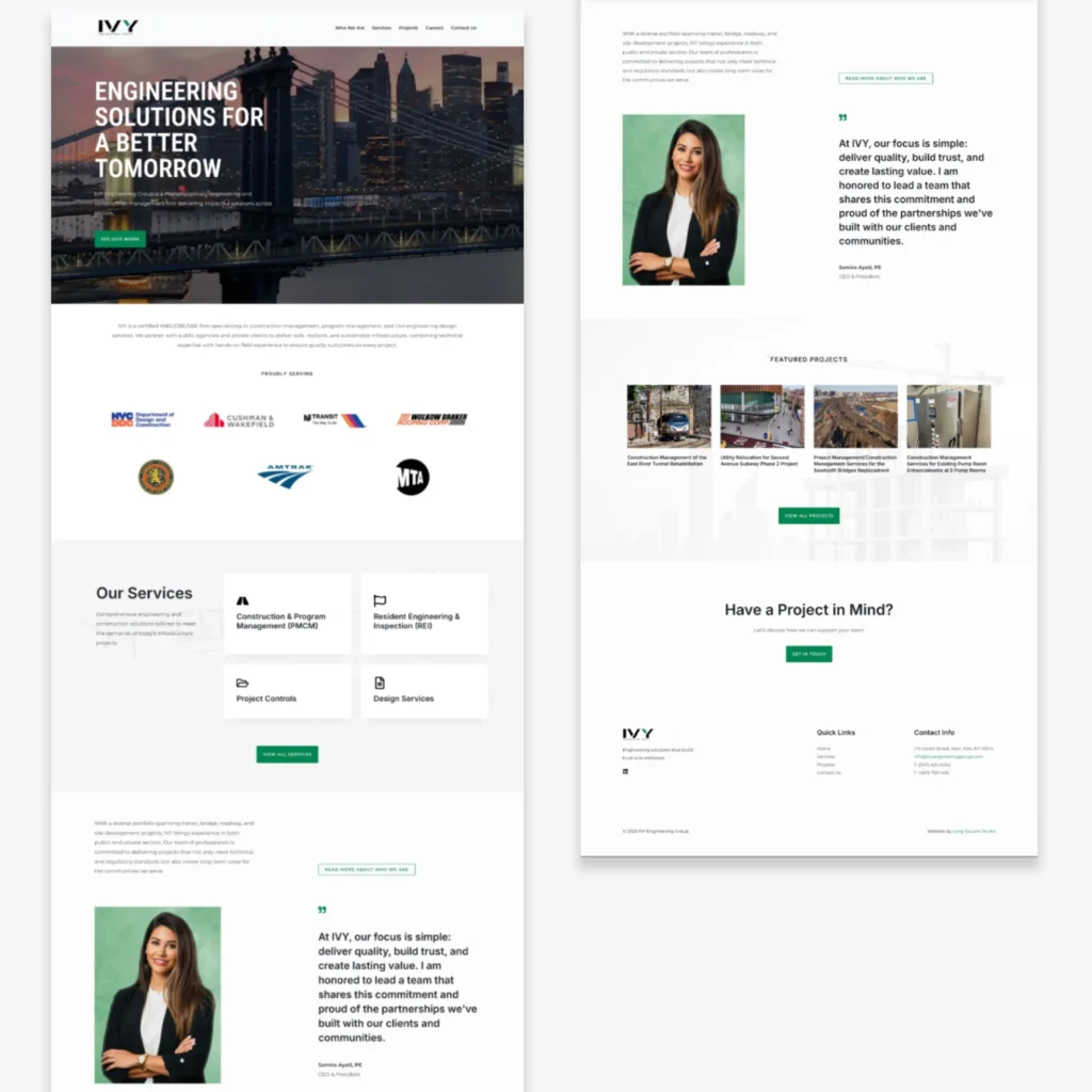 Full page screenshot of the redesigned IVY Engineering Group homepage showing the hero section, services grid, featured projects, and contact area.