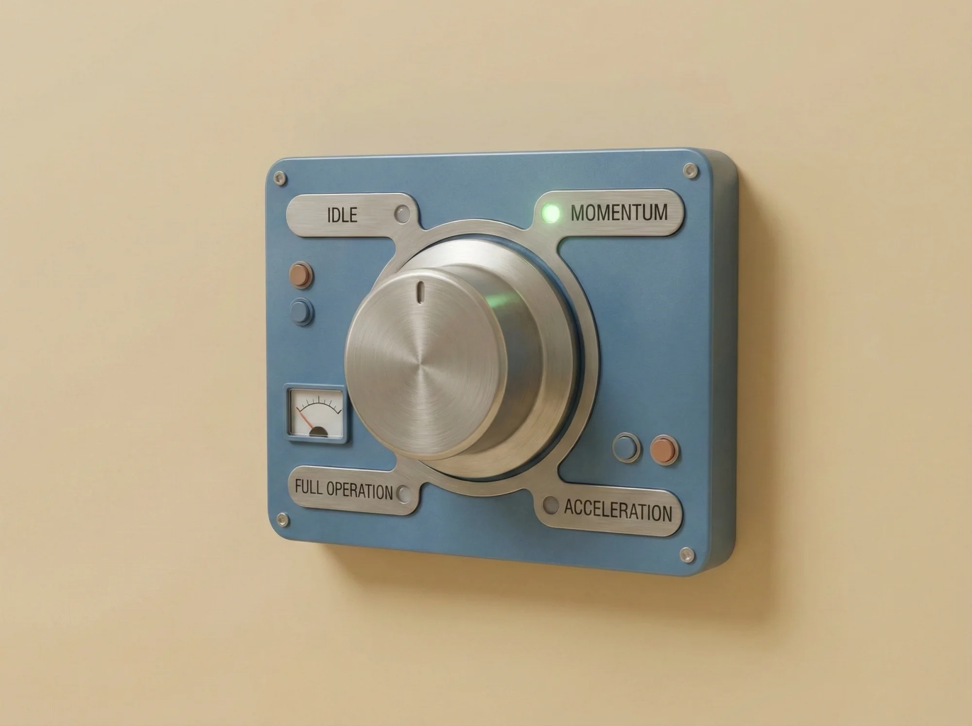 Industrial control dial showing marketing capacity levels idle momentum acceleration and full operation