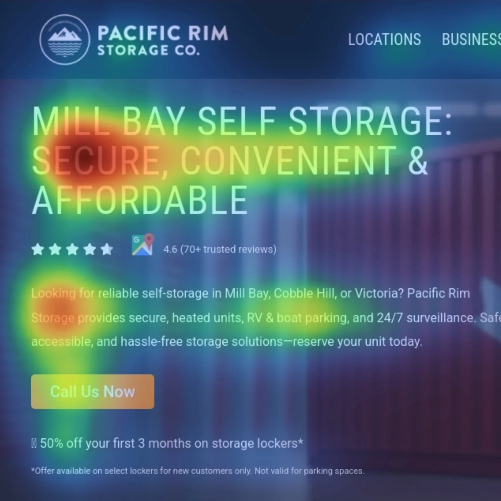 Heatmap showing user attention on the Pacific Rim Storage landing page, highlighting engagement patterns on headline, reviews and call to action.
