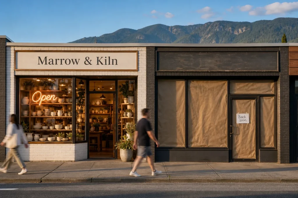 Two neighbouring shops on Lonsdale Avenue, North Vancouver, on a summer evening: Marrow & Kiln is lit with an Open neon sign, the shop next door is papered over with a Back soon note on the door.