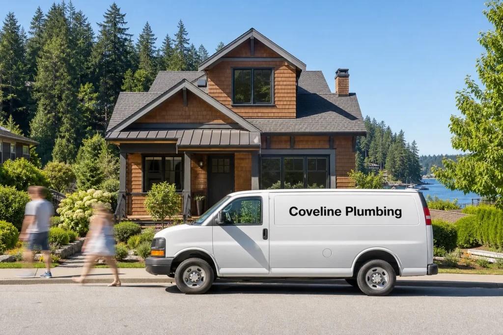 A white Coveline Plumbing van parked outside a cedar house in Deep Cove, North Vancouver, on a summer day, with the inlet behind.