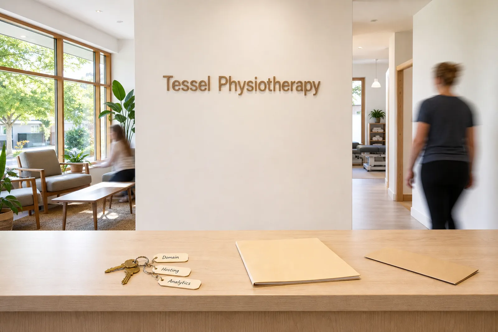 The reception desk of Tessel Physiotherapy in Lower Lonsdale, with three keys tagged Domain, Hosting and Analytics beside a folder and an envelope.