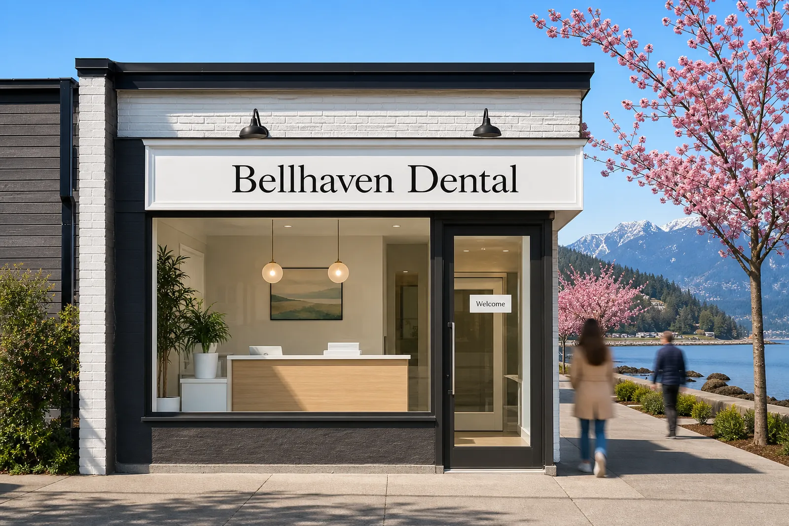 A small dental clinic called Bellhaven Dental in Ambleside, West Vancouver, on a spring morning, with a Welcome sign on the door, cherry blossom and the North Shore mountains behind.