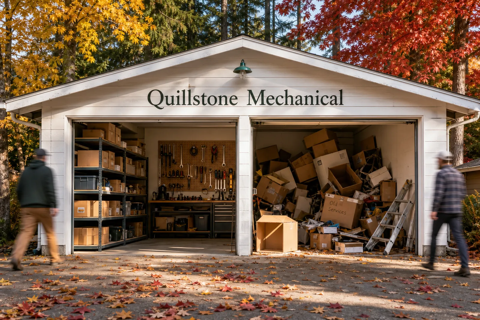 The open double garage of Quillstone Mechanical in Lynn Valley on an autumn afternoon: tidy shelves and tools on the left, a pile of boxes marked Old services on the right. The open double garage of Quillstone Mechanical in Lynn Valley on an autumn afternoon: tidy shelves and tools on the left, a pile of boxes marked Old services on the right.