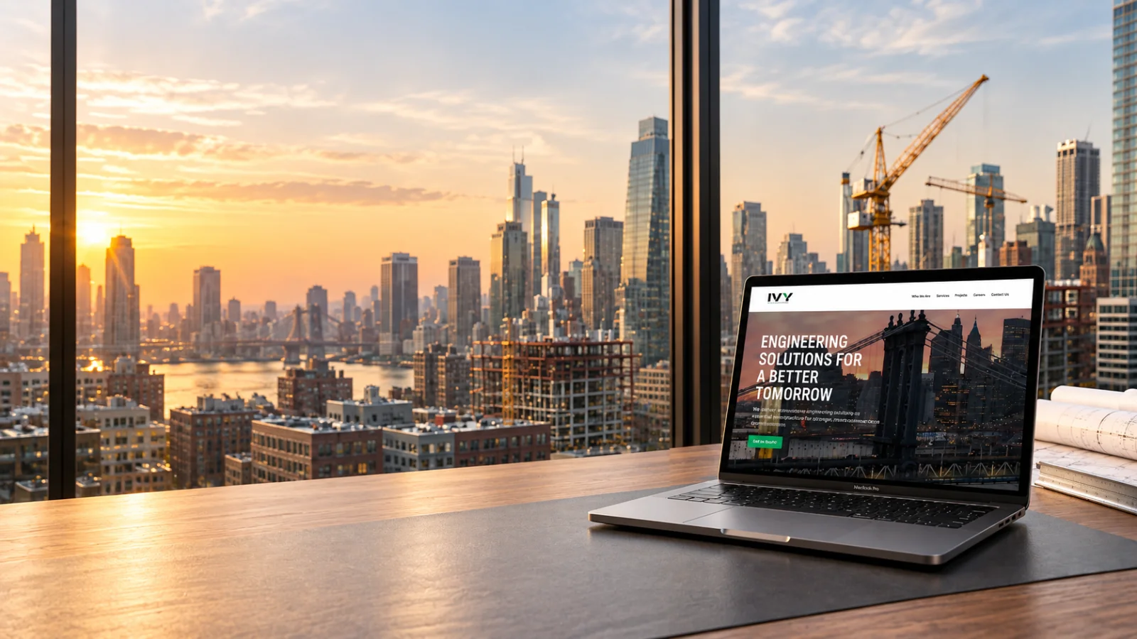 Redesigned IVY Engineering Group homepage on a laptop by a window overlooking a city skyline at sunset