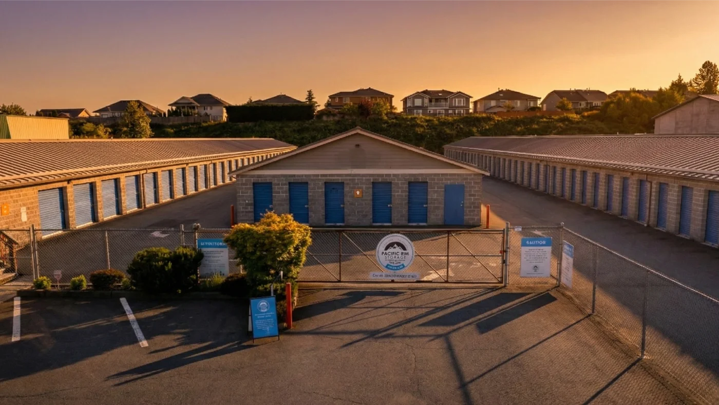 Pacific Rim Storage Victoria branch at sunset, with rows of blue storage unit doors behind the gate