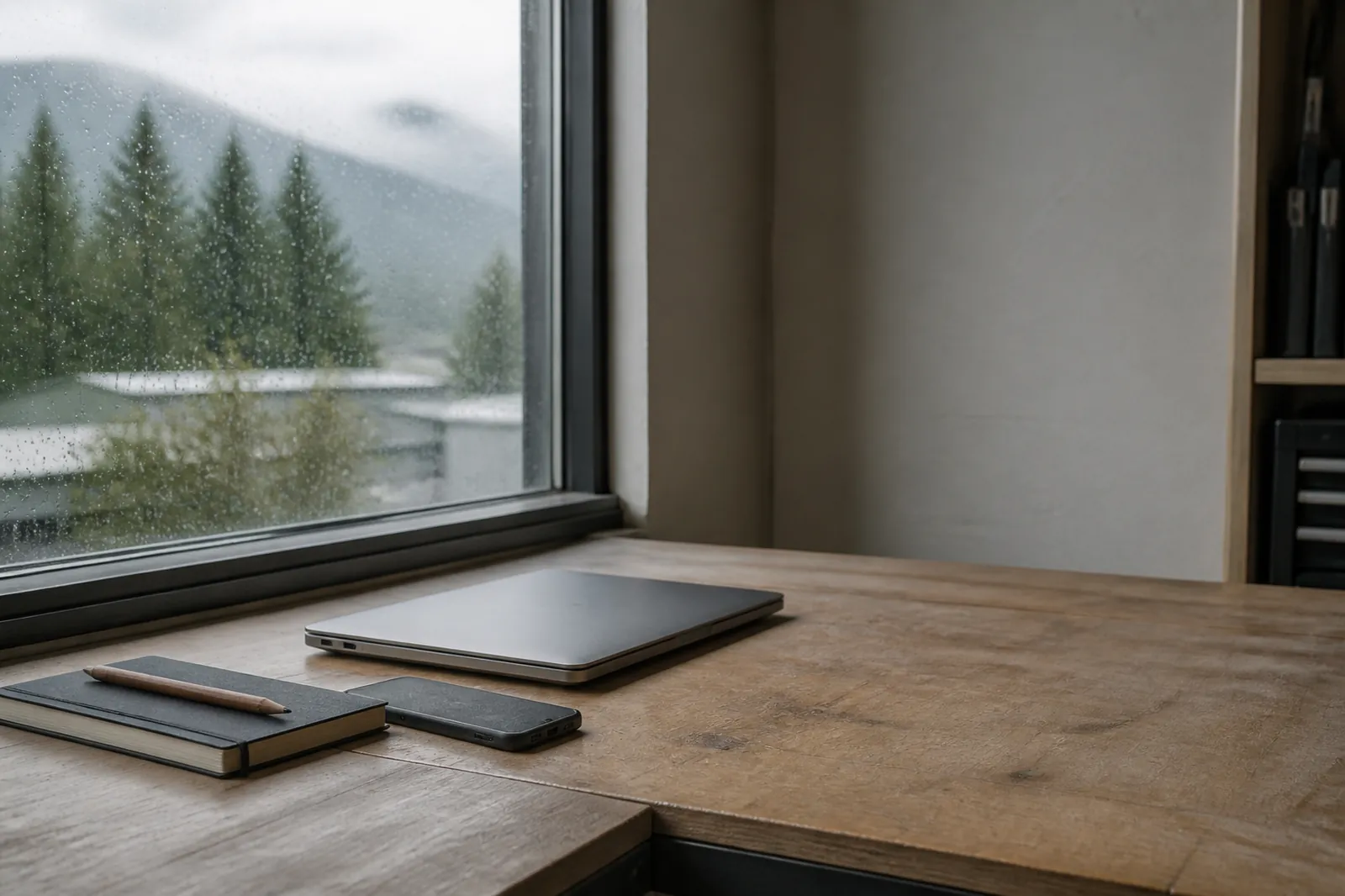 A closed notebook and a pencil on a tidy desk beside a rainy window.