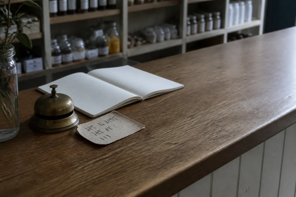 A paper tally of tick marks beside a counter bell and an open notebook. A paper tally of tick marks beside a counter bell and an open notebook.