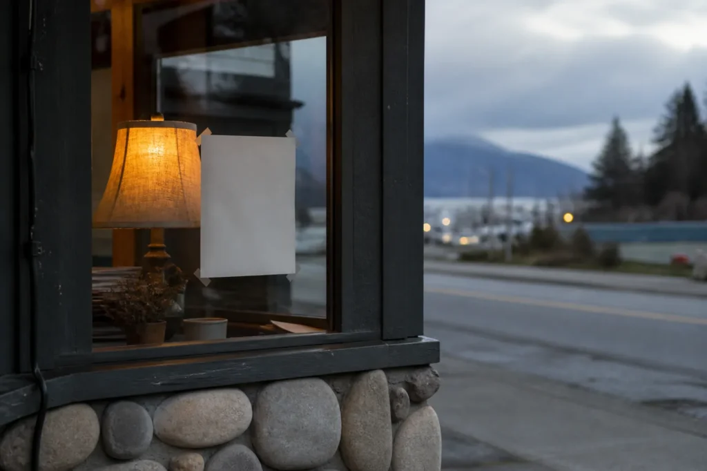 A small shop window at dusk with a lit lamp and a blank paper sheet taped inside the glass.