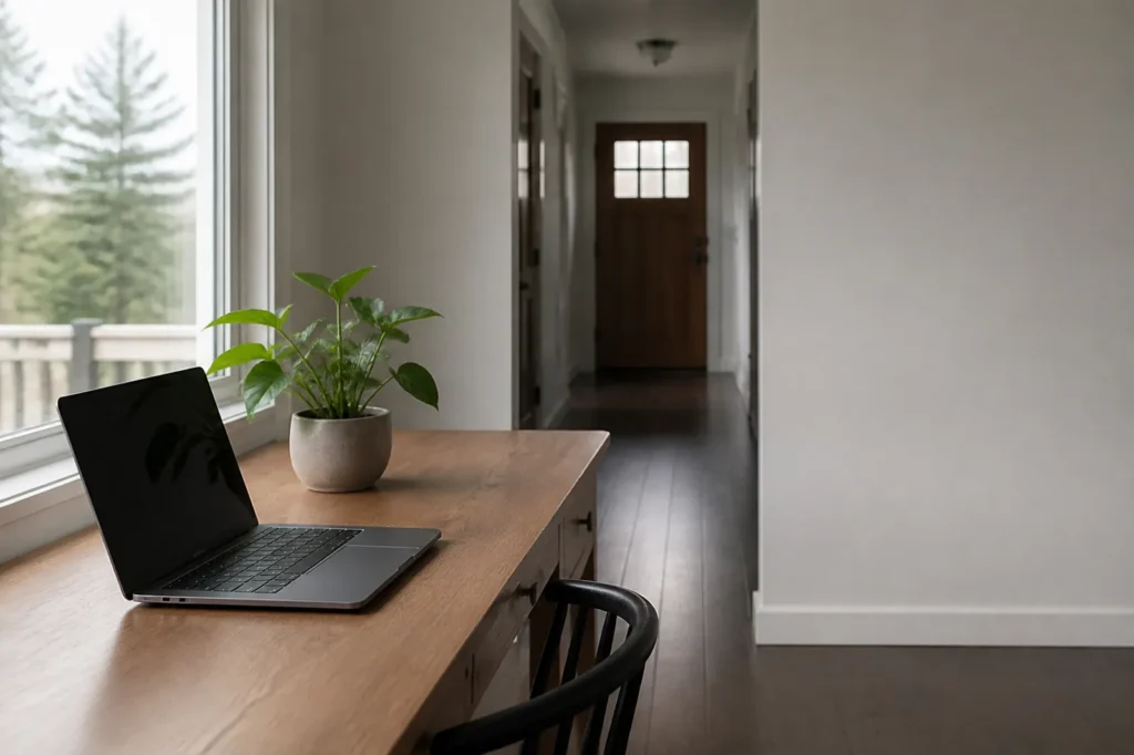 A tidy home office desk with a laptop beside a window. A tidy home office desk with a laptop beside a window.