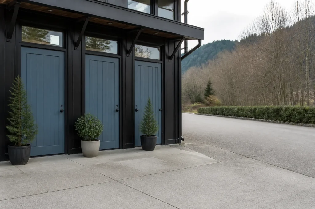 Three matching shop doors in a row, each with a different small plant beside it. Three matching shop doors in a row, each with a different small plant beside it.
