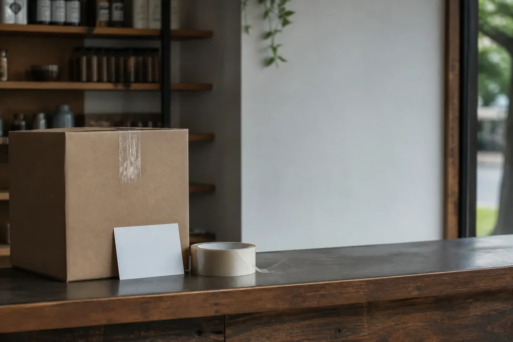 A taped cardboard box and a blank card on a shop counter.