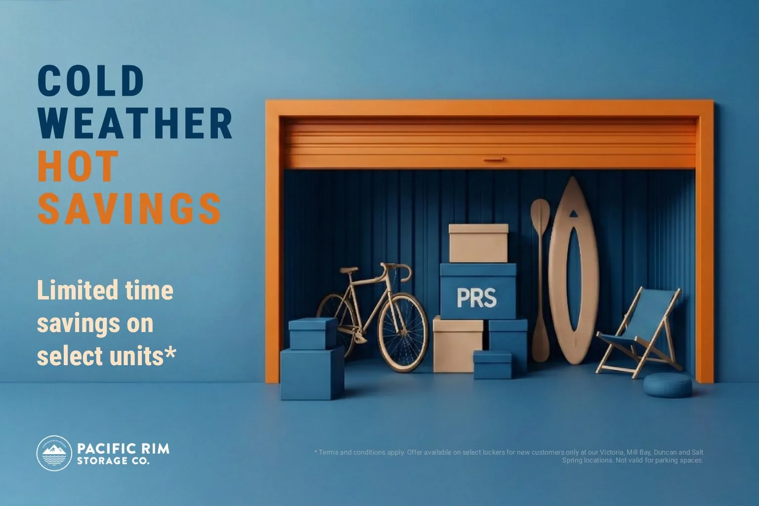 Cold Weather. Hot Savings. version of the Pacific Rim Storage ad with an orange unit door and limited-time savings on select units