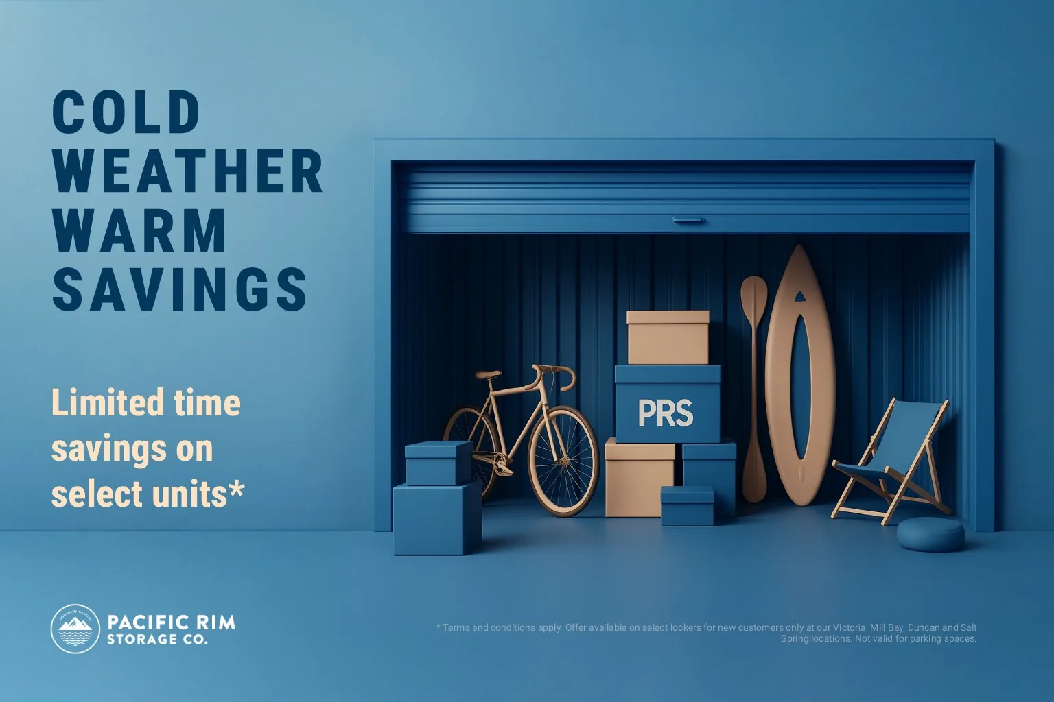 Cold Weather. Warm Savings. ad for Pacific Rim Storage: an open blue storage unit holding a bike, boxes and a folding chair, with limited-time savings on select units