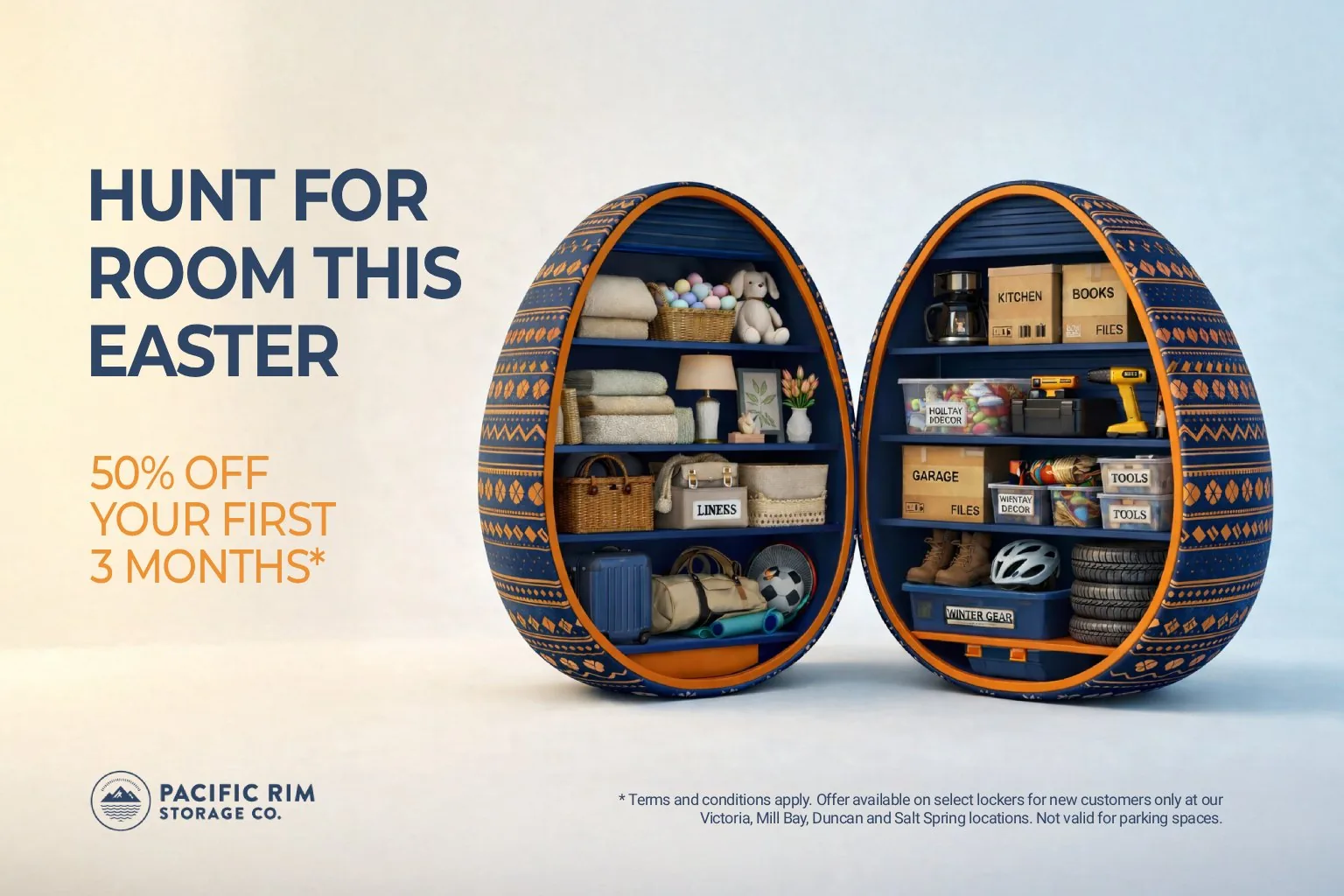 Hunt for Room This Easter ad for Pacific Rim Storage: two patterned eggs opened to show shelves of stored items, with 50% off the first 3 months