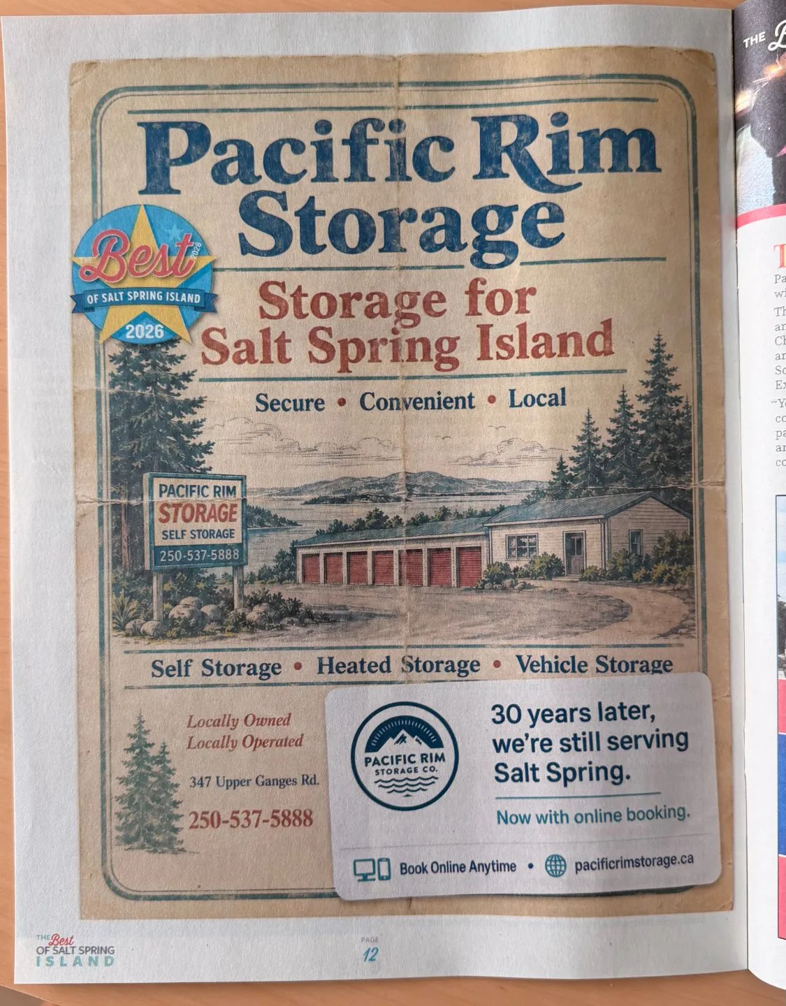The full-page Pacific Rim Storage ad printed on page 12 of the Best of Salt Spring Island 2026 issue of Driftwood The full-page Pacific Rim Storage ad printed on page 12 of the Best of Salt Spring Island 2026 issue of Driftwood