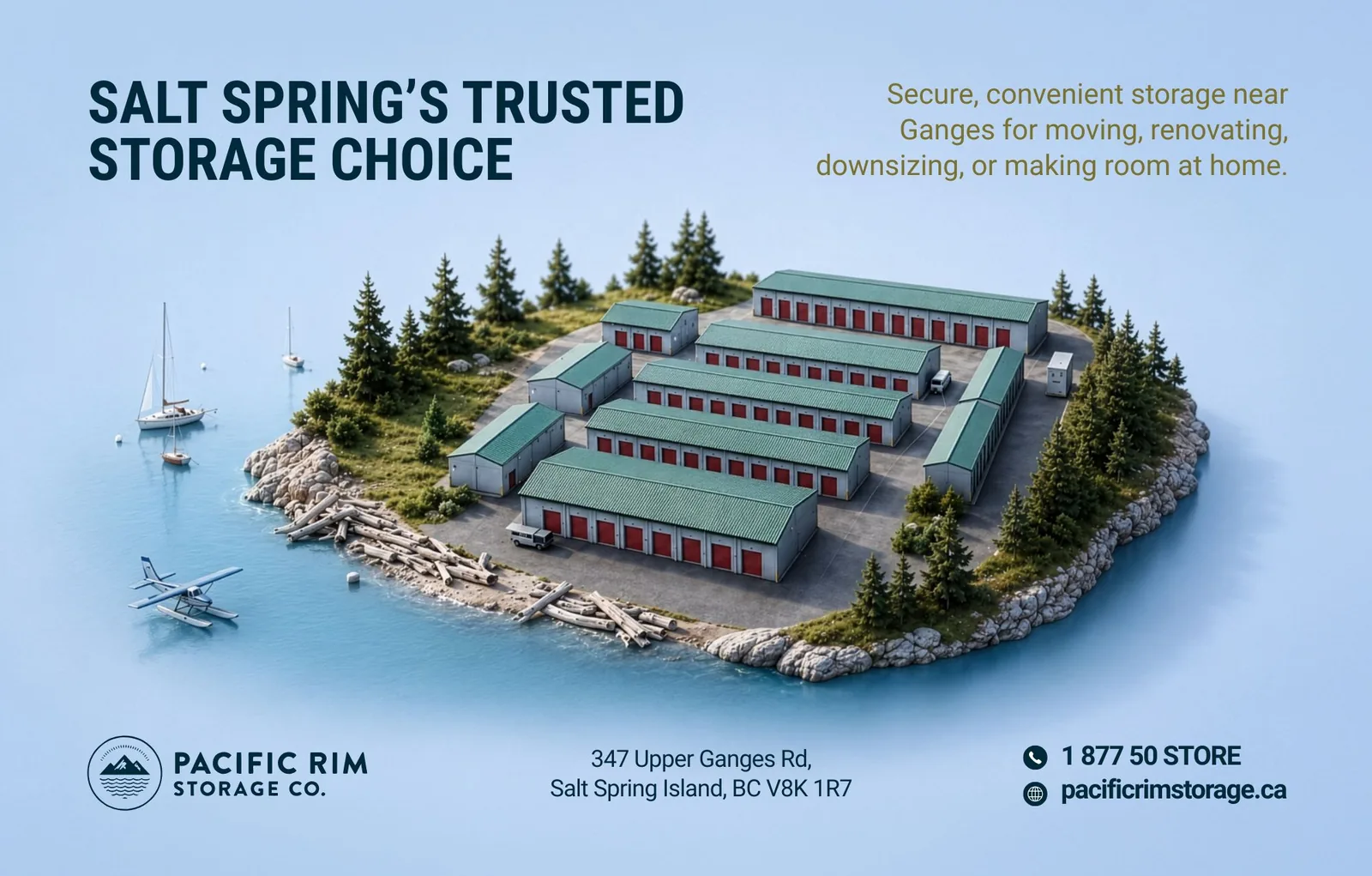Salt Spring's Trusted Storage Choice print ad for Pacific Rim Storage: an illustrated island of storage buildings above the Upper Ganges Road address Salt Spring's Trusted Storage Choice print ad for Pacific Rim Storage: an illustrated island of storage buildings above the Upper Ganges Road address