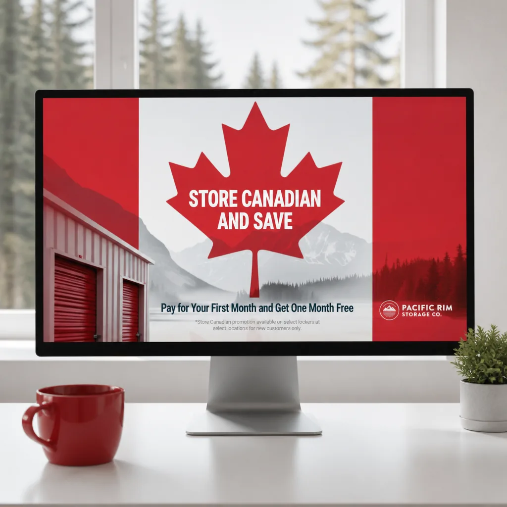 Monitor on a white desk showing the Store Canadian and Save ad for Pacific Rim Storage