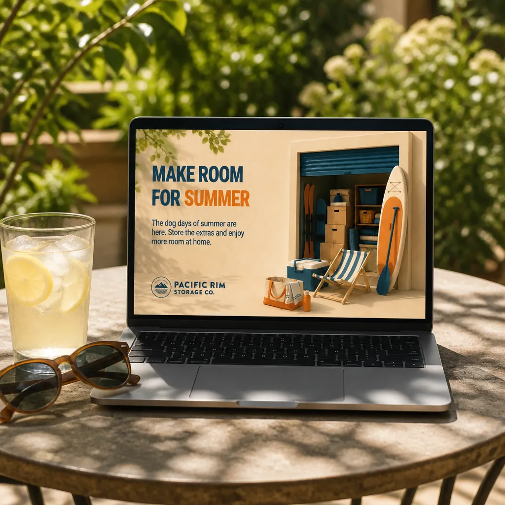 Laptop on a sunny patio table showing the Make Room for Summer ad for Pacific Rim Storage
