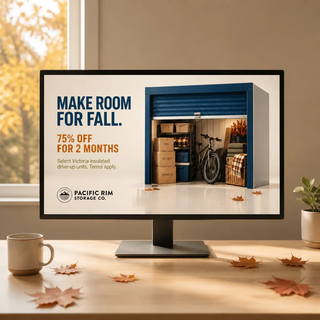 Monitor showing the Make Room for Fall storage ad for Pacific Rim Storage