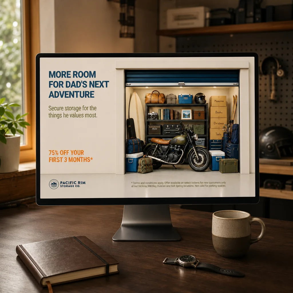 Monitor on a walnut desk showing the More Room for Dad’s Next Adventure ad for Pacific Rim Storage