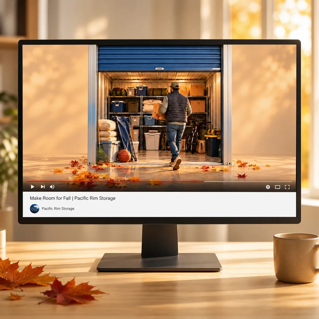 Monitor on an oak desk showing the Make Room for Fall video ad for Pacific Rim Storage in a YouTube player