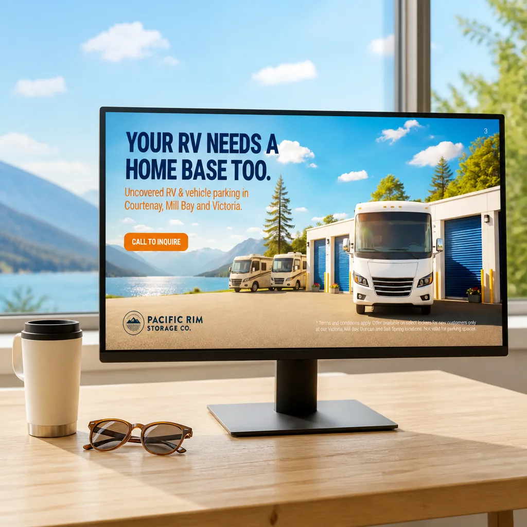 Monitor on a sunny desk showing the Your RV Needs a Home Base Too ad for Pacific Rim Storage