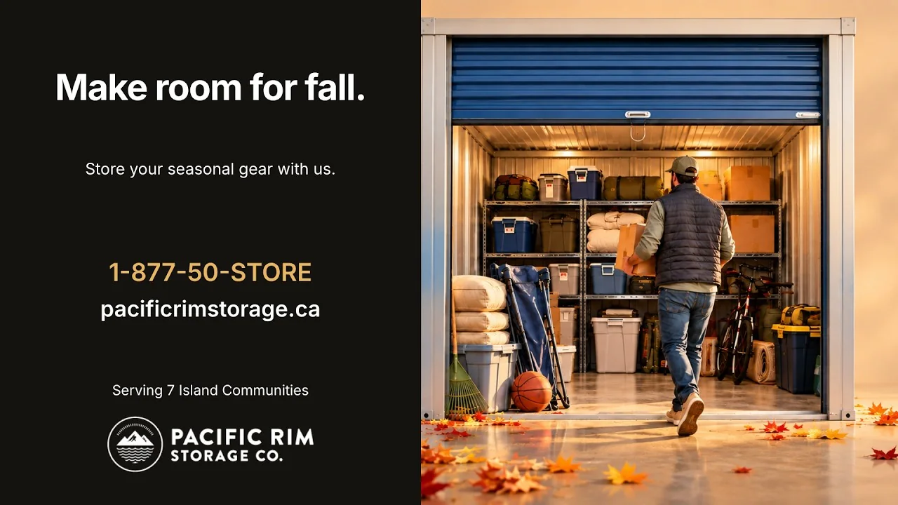 Make Room for Fall video ad for Pacific Rim Storage, wide version: a man carrying a box into an open storage unit among autumn leaves